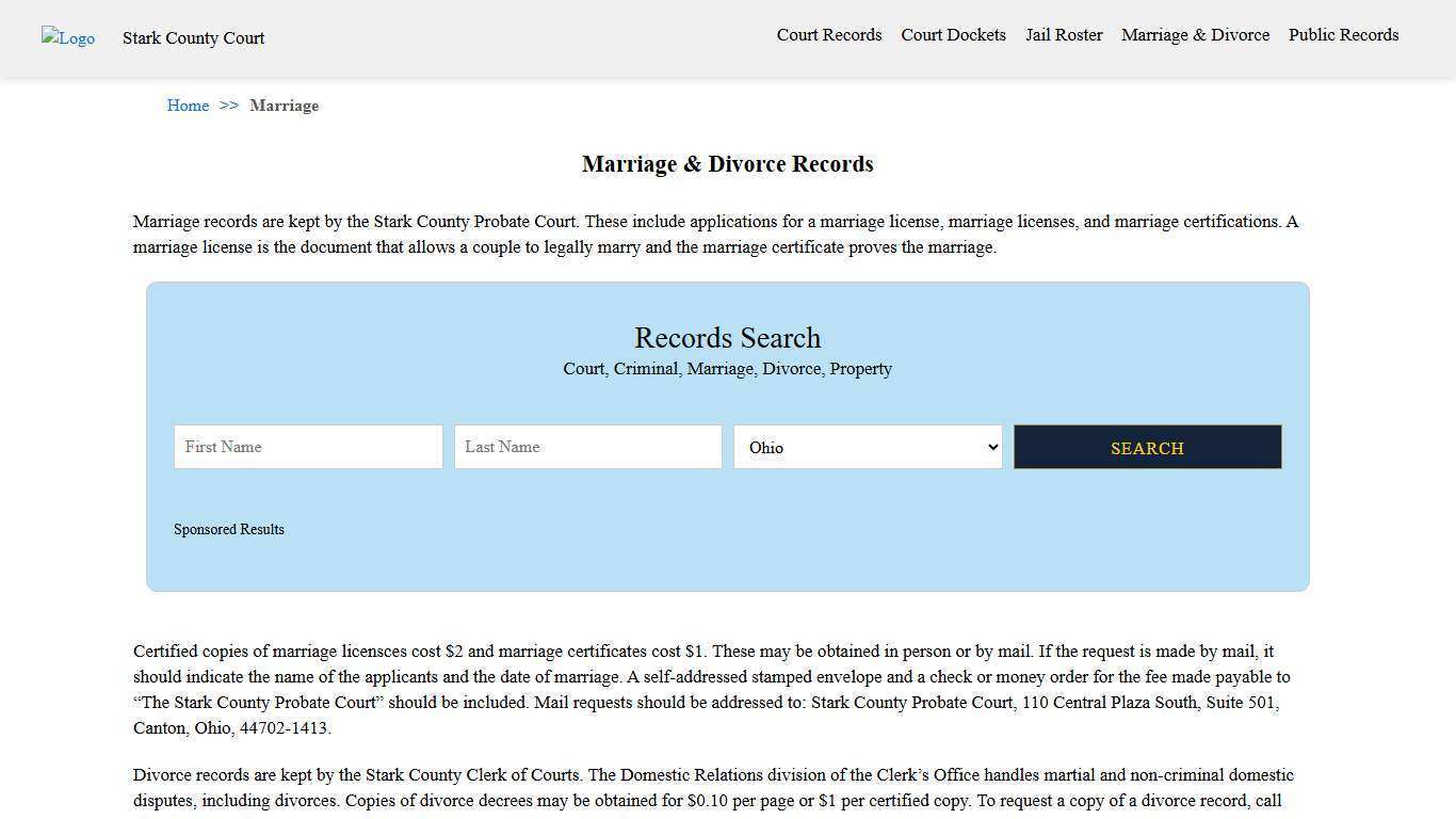 Marriage & Divorce Records | Stark County Court